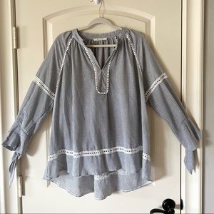 Blue and white pin stripe gauzy blouse by Ellison, large
